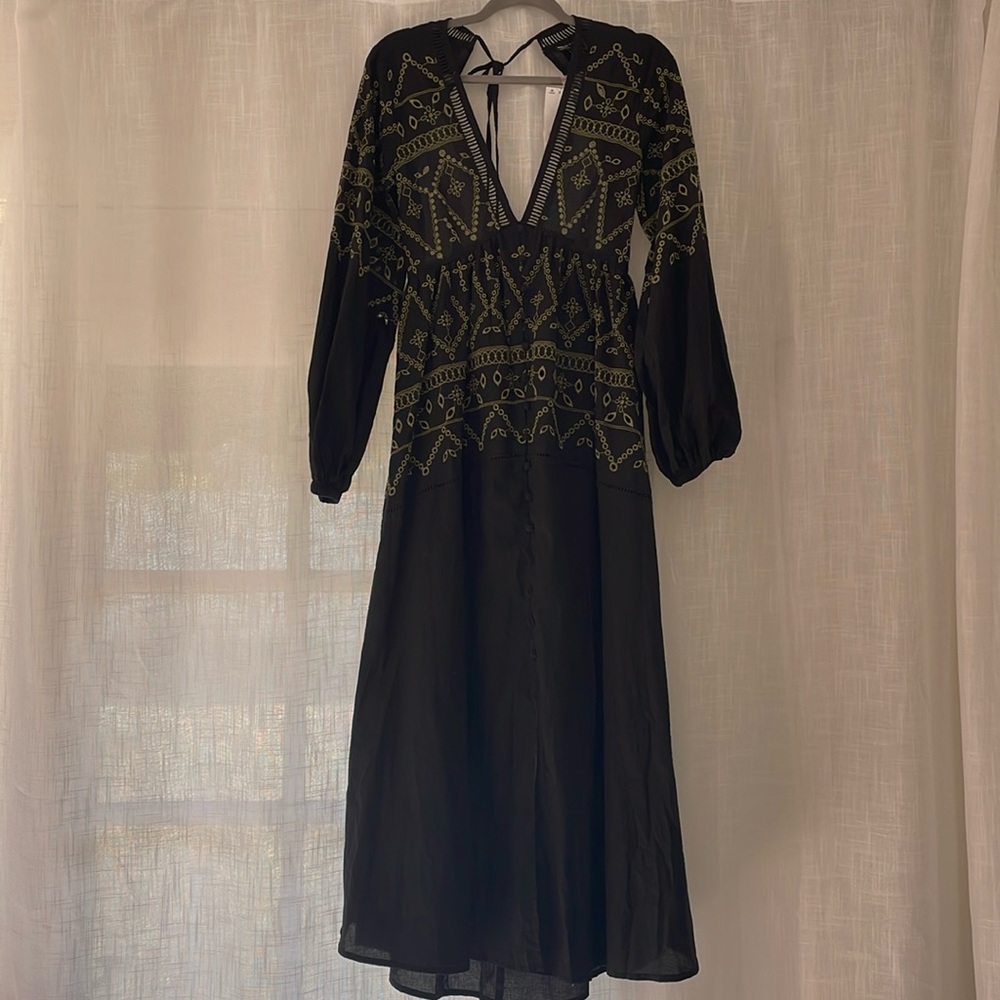 ASOS DESIGN Black Embroidered Open-Back Button-Down Midi-Maxi Dress